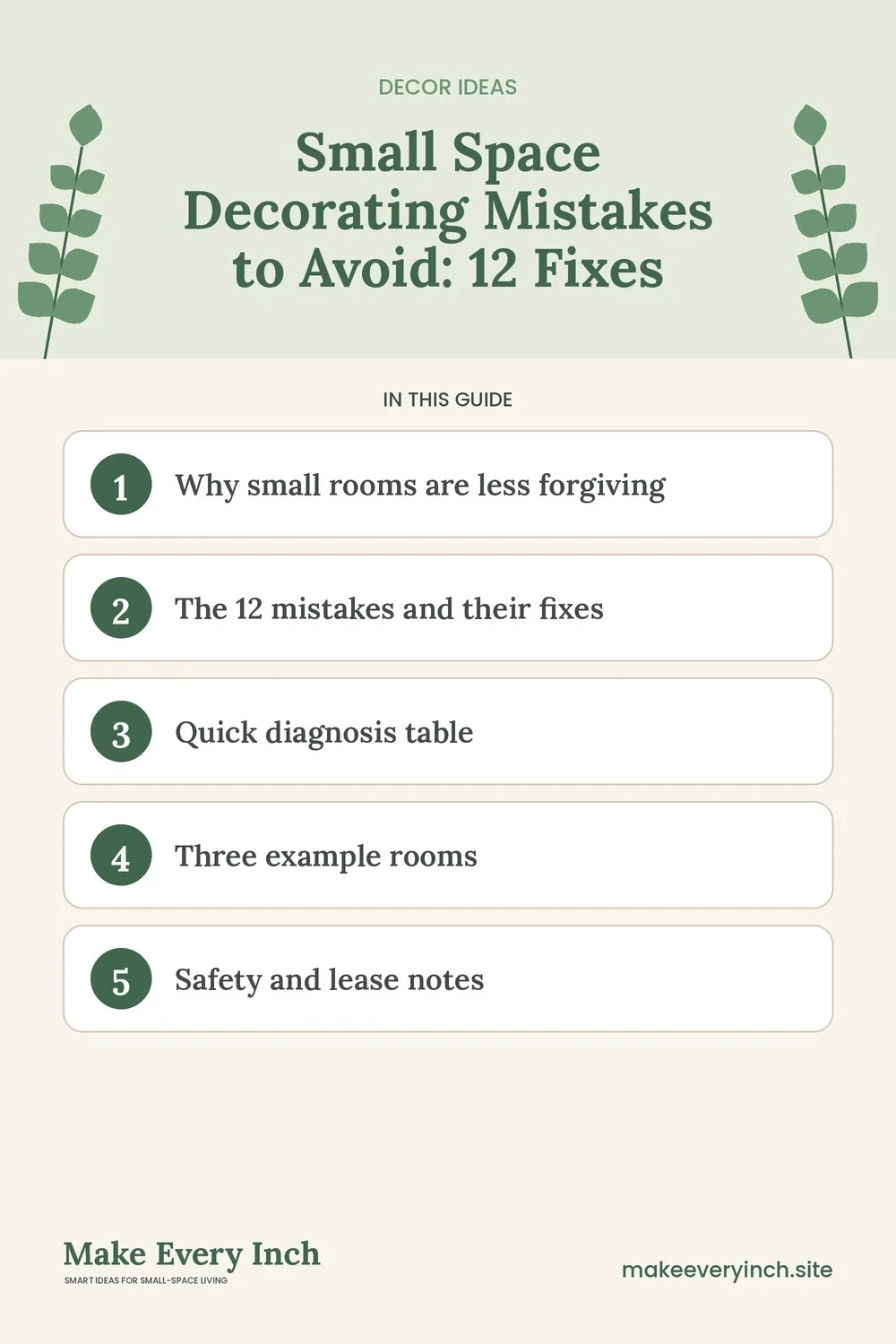 Pinterest pin listing the main topics in: Small Space Decorating Mistakes to Avoid