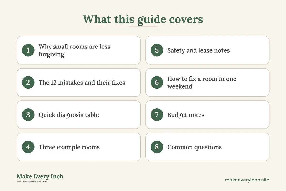 Graphic listing 8 topics covered in: Small Space Decorating Mistakes to Avoid