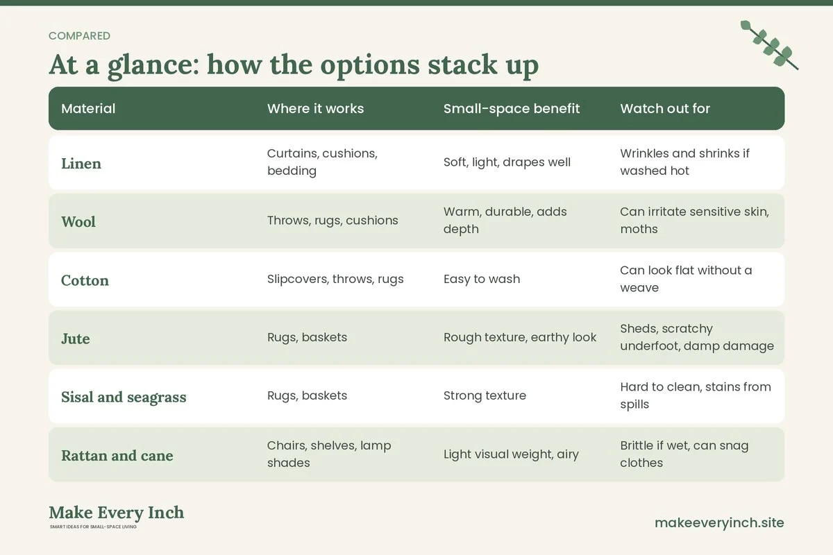 Comparison table of options for: Small Space Decorating with Natural Textures (Material, Where it works, Small-space benefit, Watch out for)