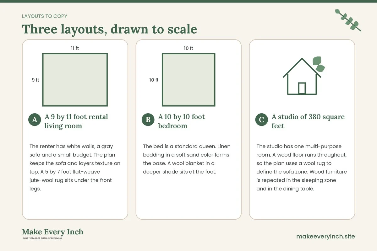 Three room layouts drawn to scale with dimensions and placement notes for: Small Space Decorating with Natural Textures