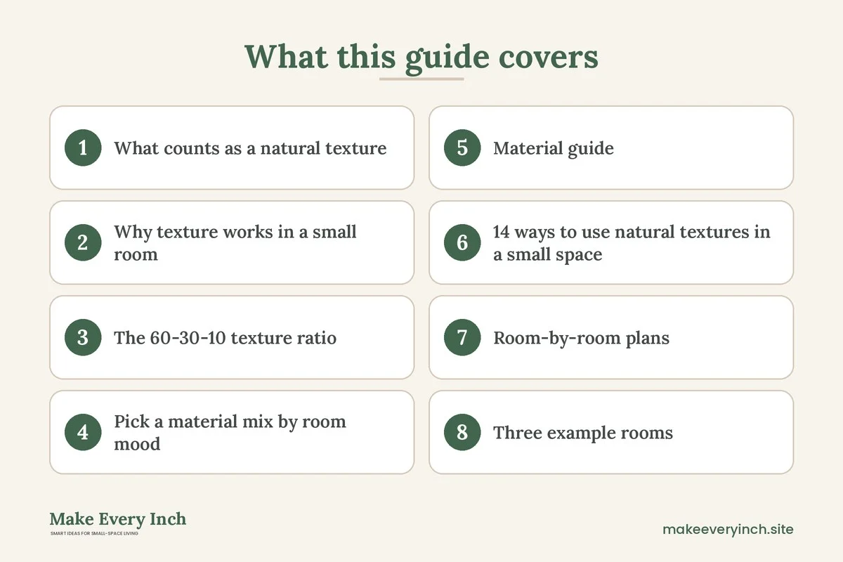 Graphic listing 8 topics covered in: Small Space Decorating with Natural Textures