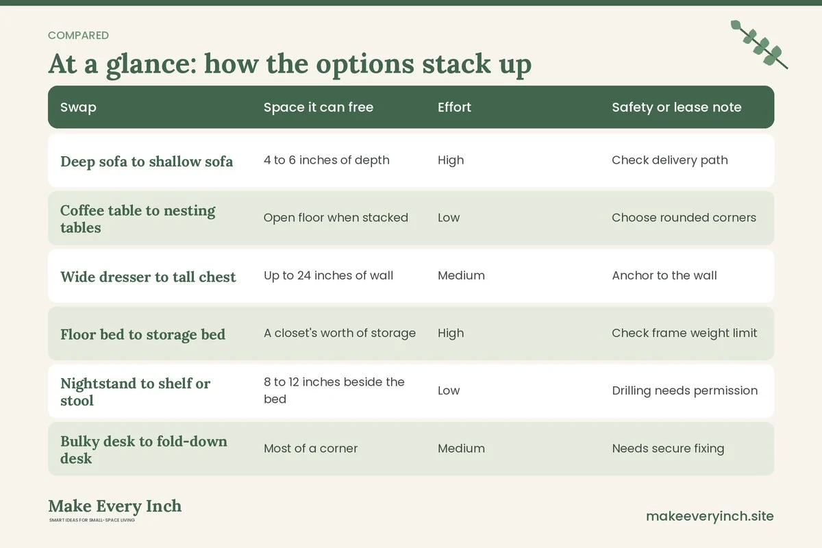 Comparison table of options for: 12 Small Space Furniture Before and After Swaps That Change a Room (Swap, Space it can free, Effort, Safety or lease note)