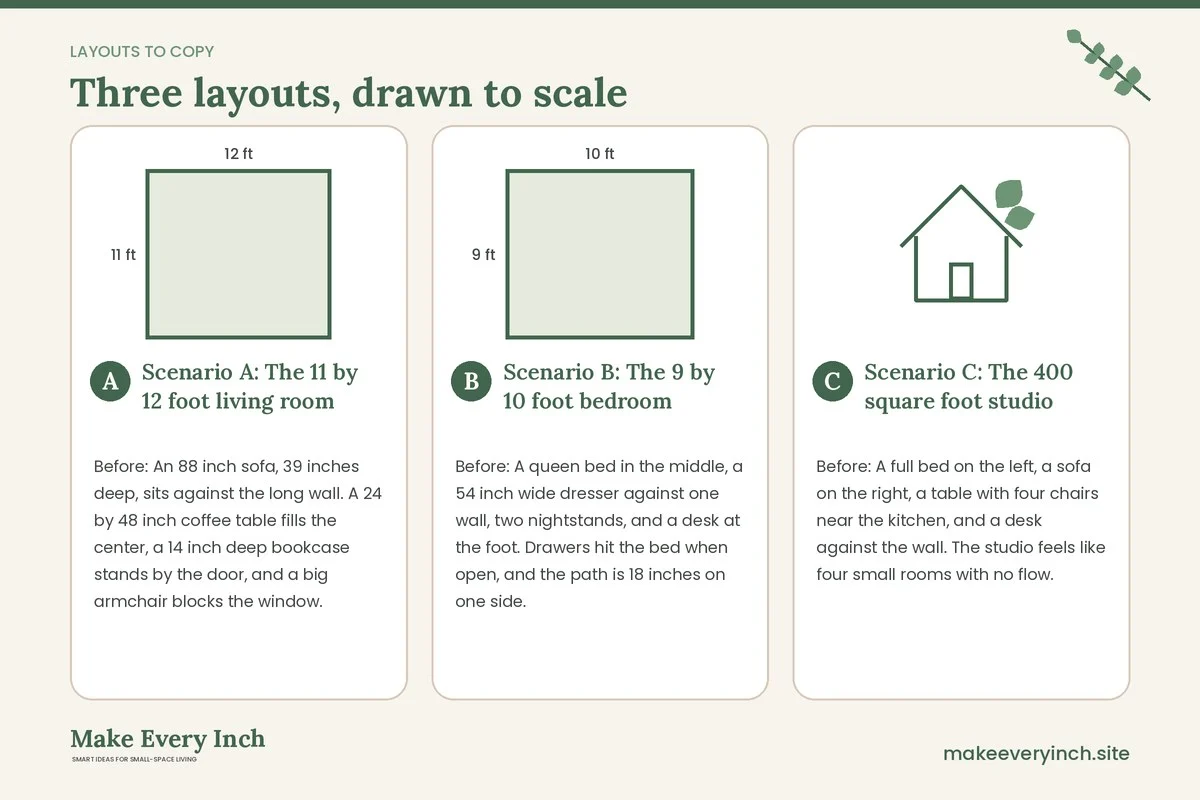Three room layouts drawn to scale with dimensions and placement notes for: 12 Small Space Furniture Before and After Swaps That Change a Room