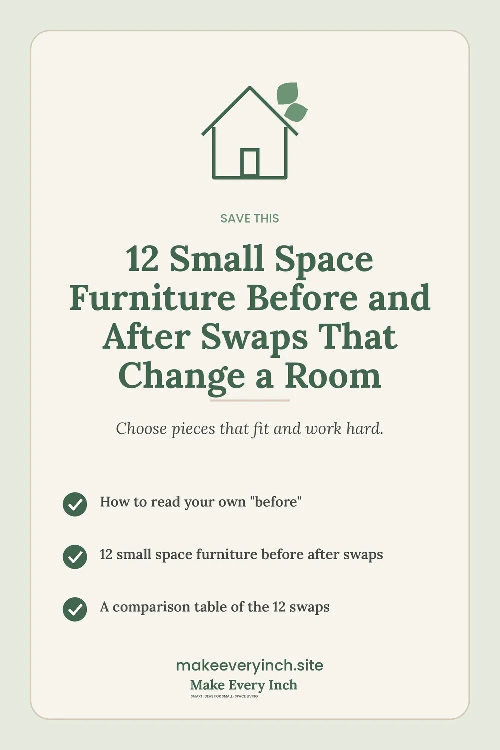 Save-this Pinterest pin with a short checklist for: 12 Small Space Furniture Before and After Swaps That Change a Room