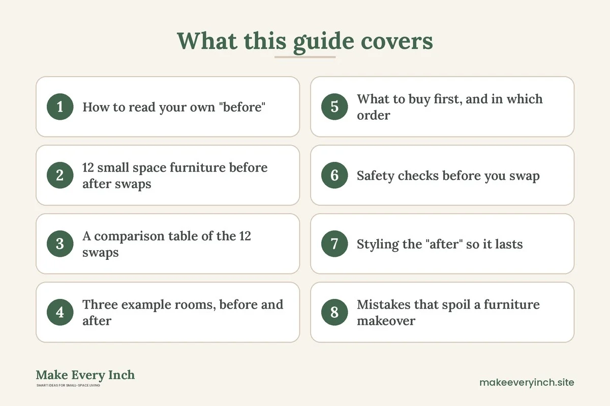Graphic listing 8 topics covered in: 12 Small Space Furniture Before and After Swaps That Change a Room