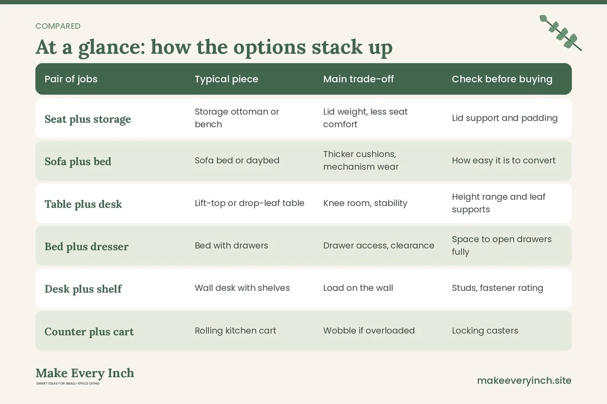 Comparison table of options for: 20 Small Space Furniture Ideas That Do Double Duty (Pair of jobs, Typical piece, Main trade-off, Check before buying)
