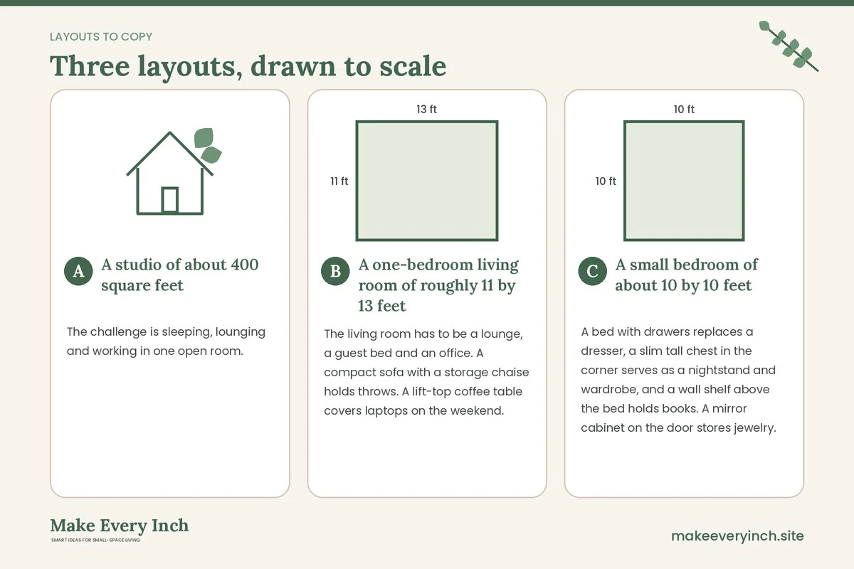 Three room layouts drawn to scale with dimensions and placement notes for: 20 Small Space Furniture Ideas That Do Double Duty