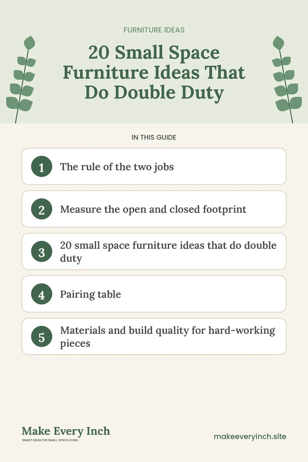 Pinterest pin listing the main topics in: 20 Small Space Furniture Ideas That Do Double Duty