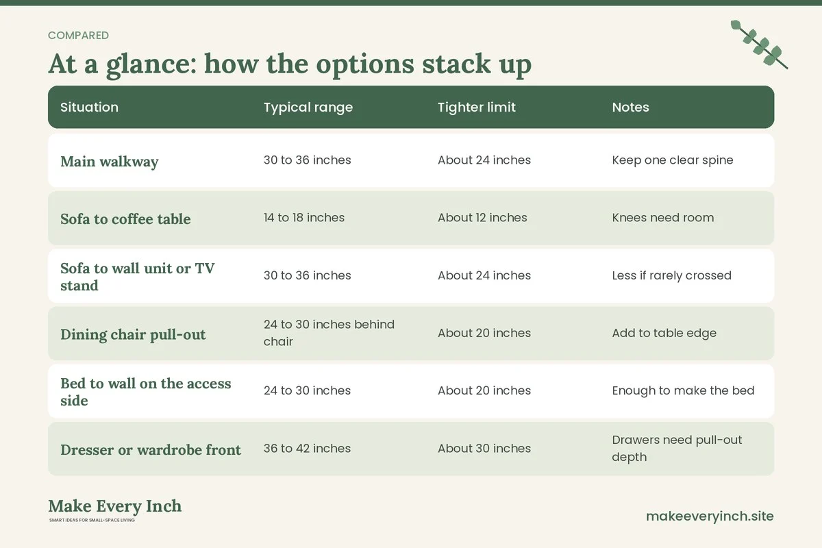 Comparison table of options for: Small Space Furniture Layout Rules (Situation, Typical range, Tighter limit, Notes)