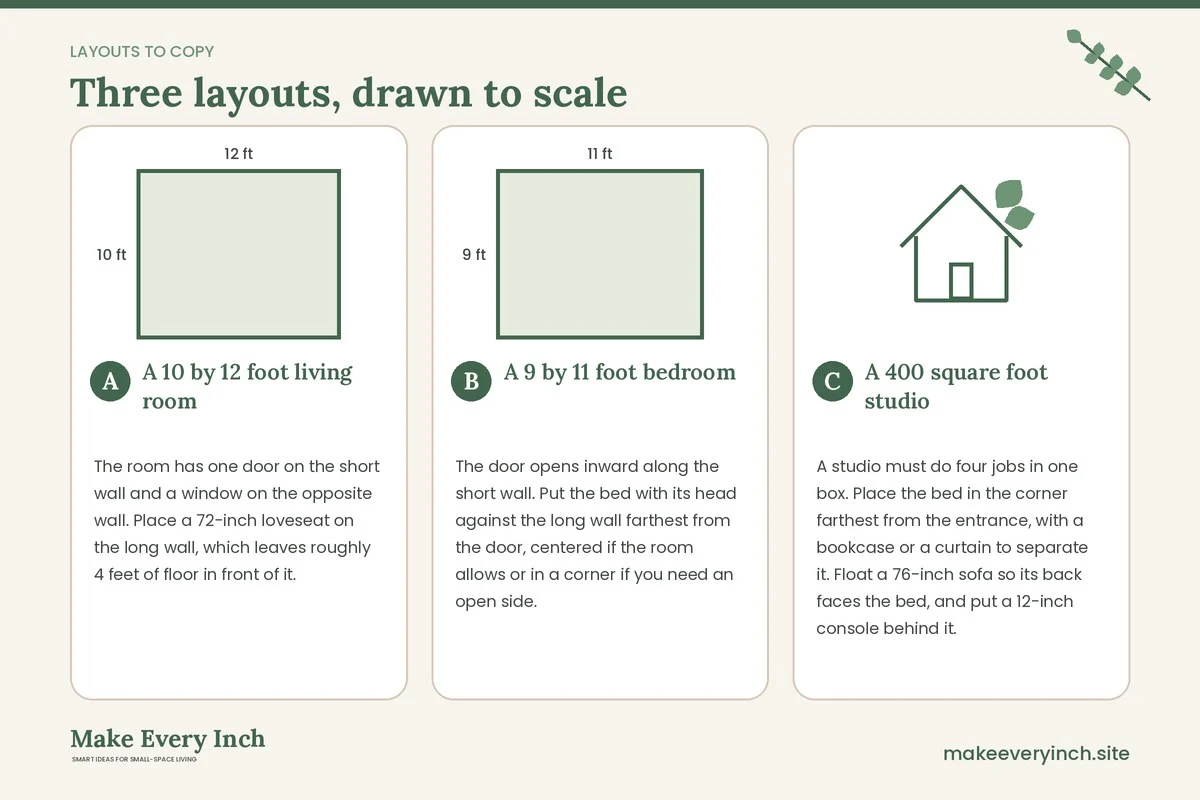 Three room layouts drawn to scale with dimensions and placement notes for: Small Space Furniture Layout Rules
