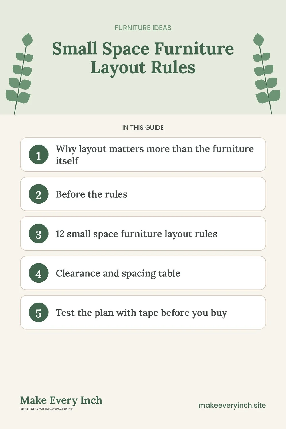 Pinterest pin listing the main topics in: Small Space Furniture Layout Rules
