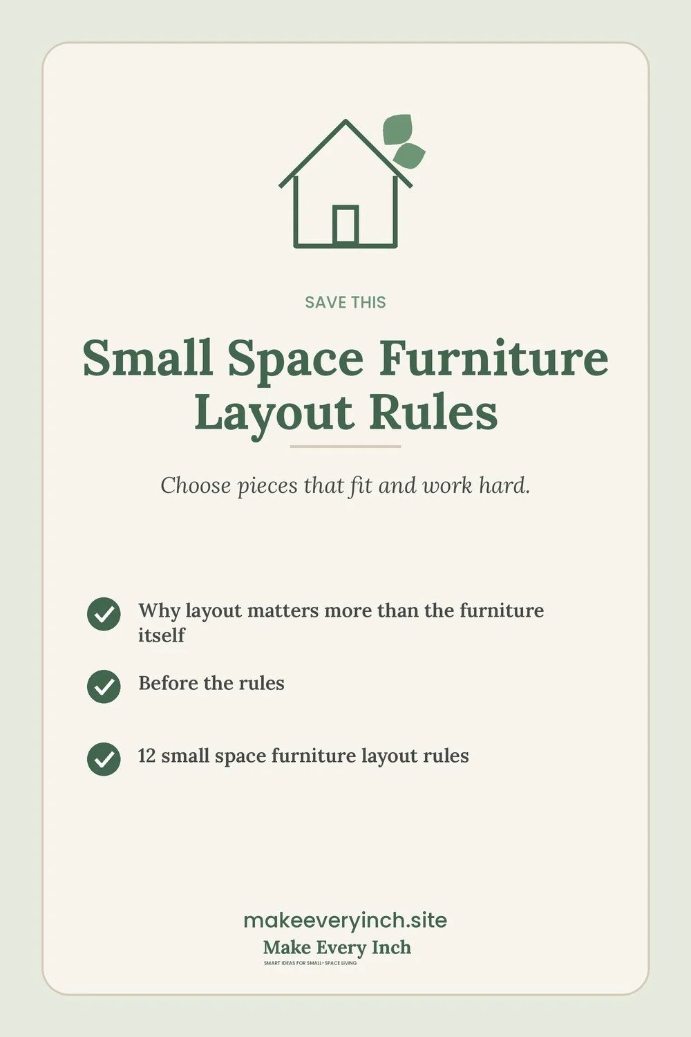 Save-this Pinterest pin with a short checklist for: Small Space Furniture Layout Rules