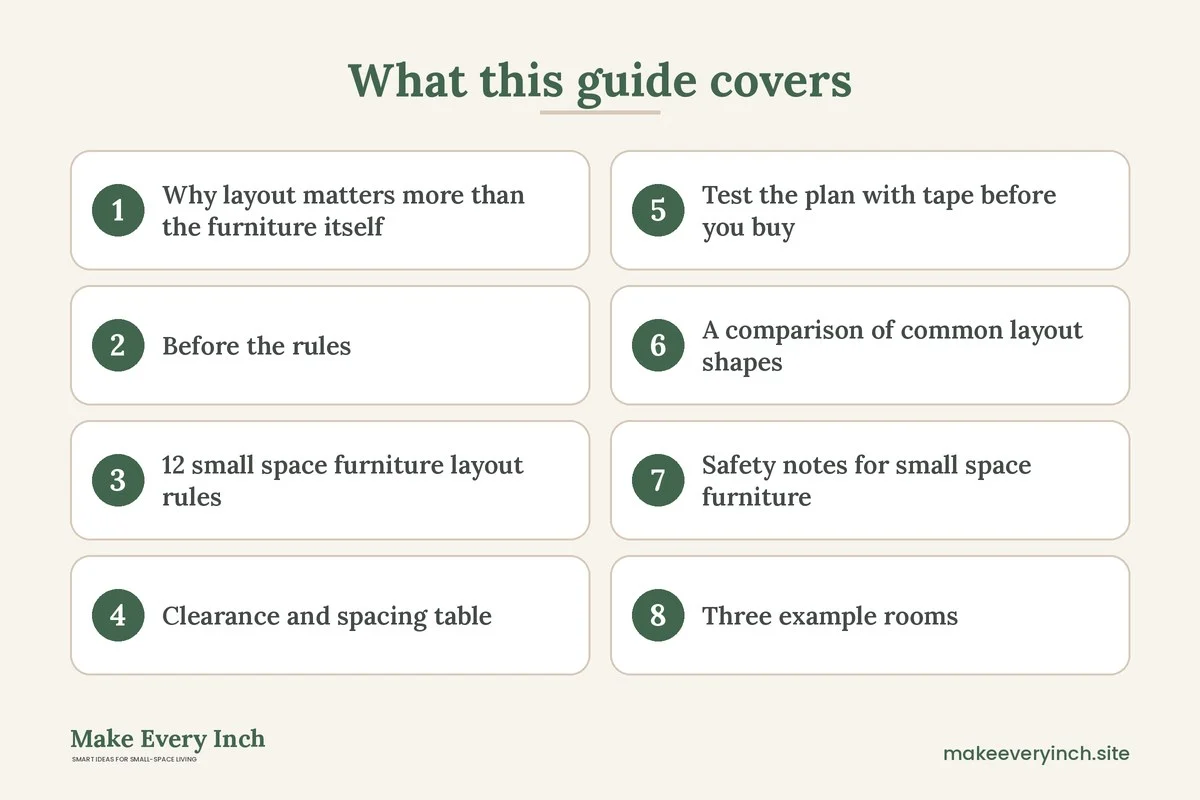 Graphic listing 8 topics covered in: Small Space Furniture Layout Rules
