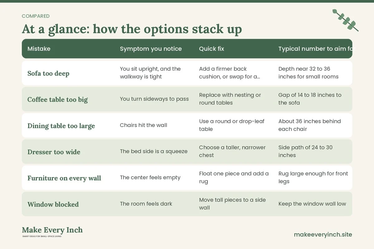 Comparison table of options for: Small Space Furniture Mistakes to Avoid (Mistake, Symptom you notice, Quick fix, Typical number to aim for)