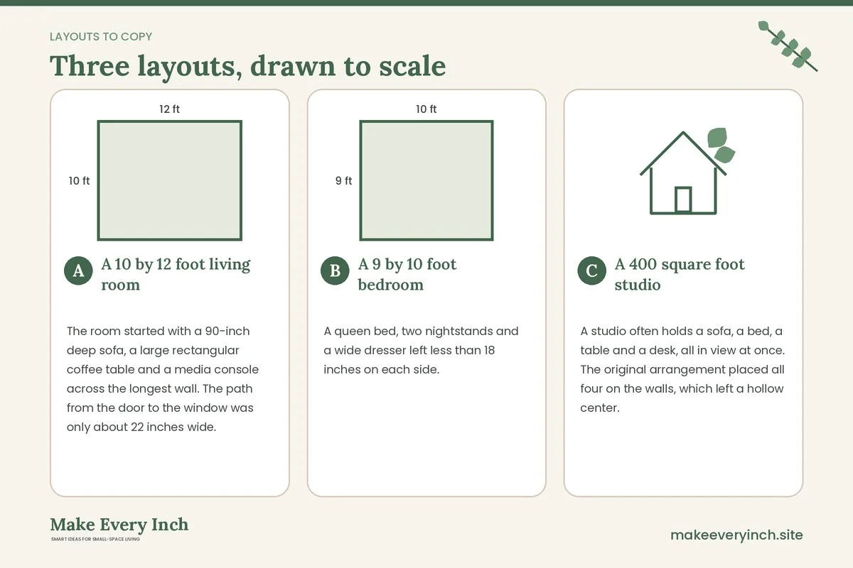 Three room layouts drawn to scale with dimensions and placement notes for: Small Space Furniture Mistakes to Avoid