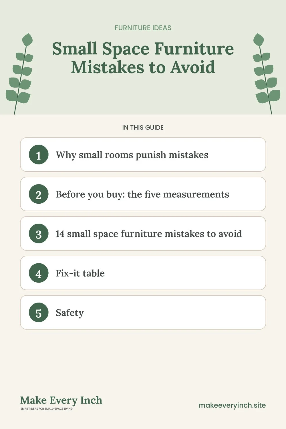 Pinterest pin listing the main topics in: Small Space Furniture Mistakes to Avoid