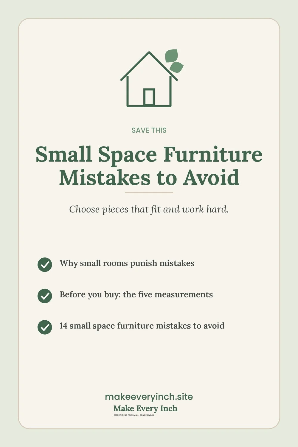 Save-this Pinterest pin with a short checklist for: Small Space Furniture Mistakes to Avoid