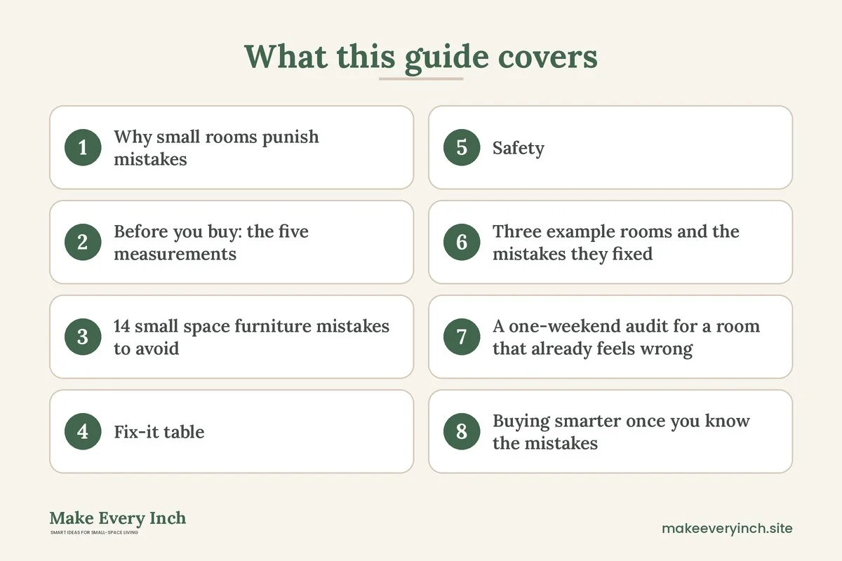 Graphic listing 8 topics covered in: Small Space Furniture Mistakes to Avoid