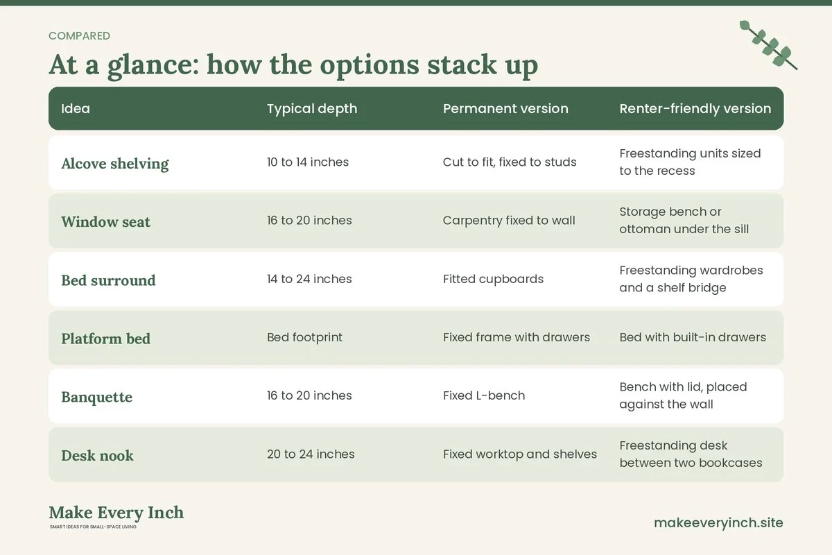 Comparison table of options for: 14 Small Space Ideas with Built-In Storage for Every Wall (Idea, Typical depth, Permanent version, Renter-friendly version)