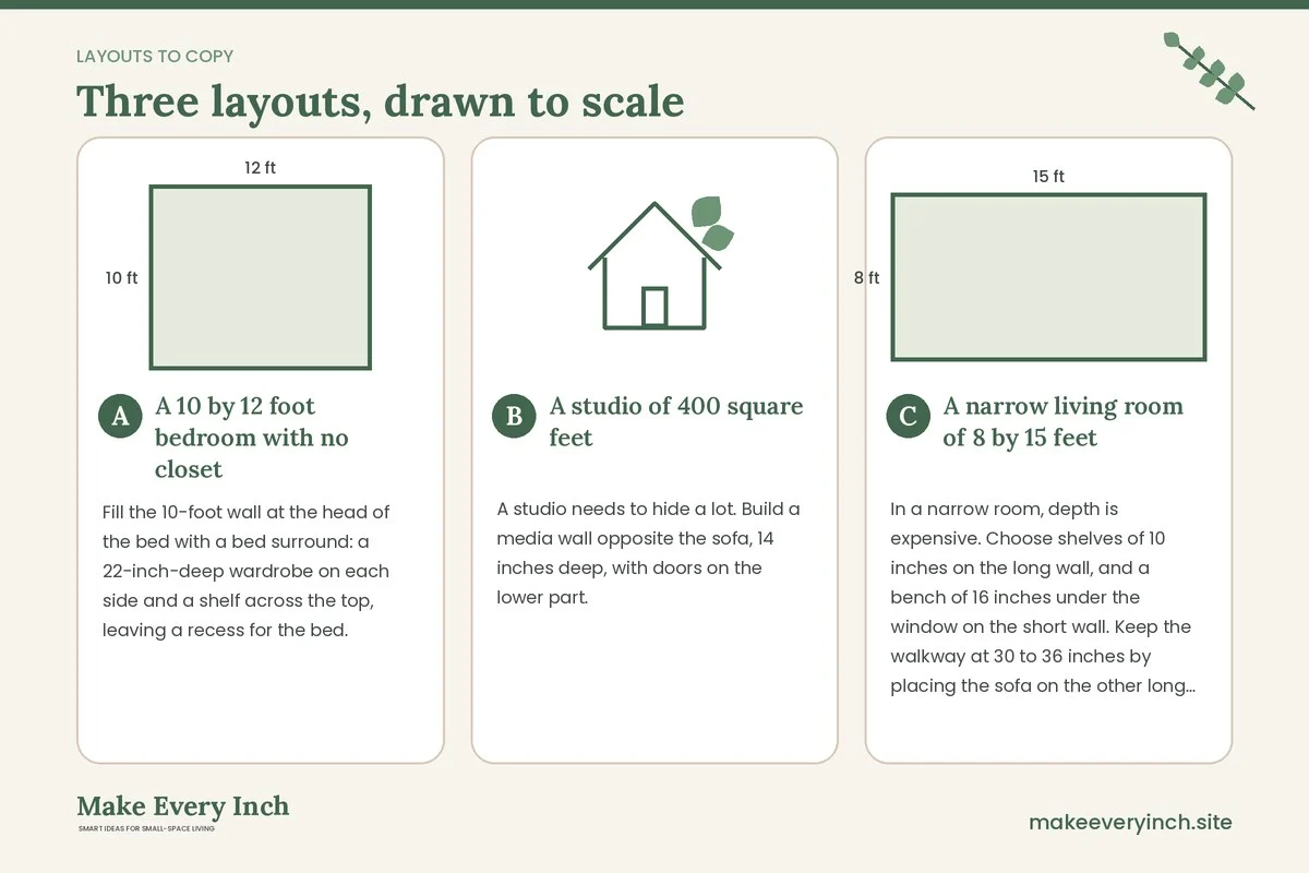 Three room layouts drawn to scale with dimensions and placement notes for: 14 Small Space Ideas with Built-In Storage for Every Wall