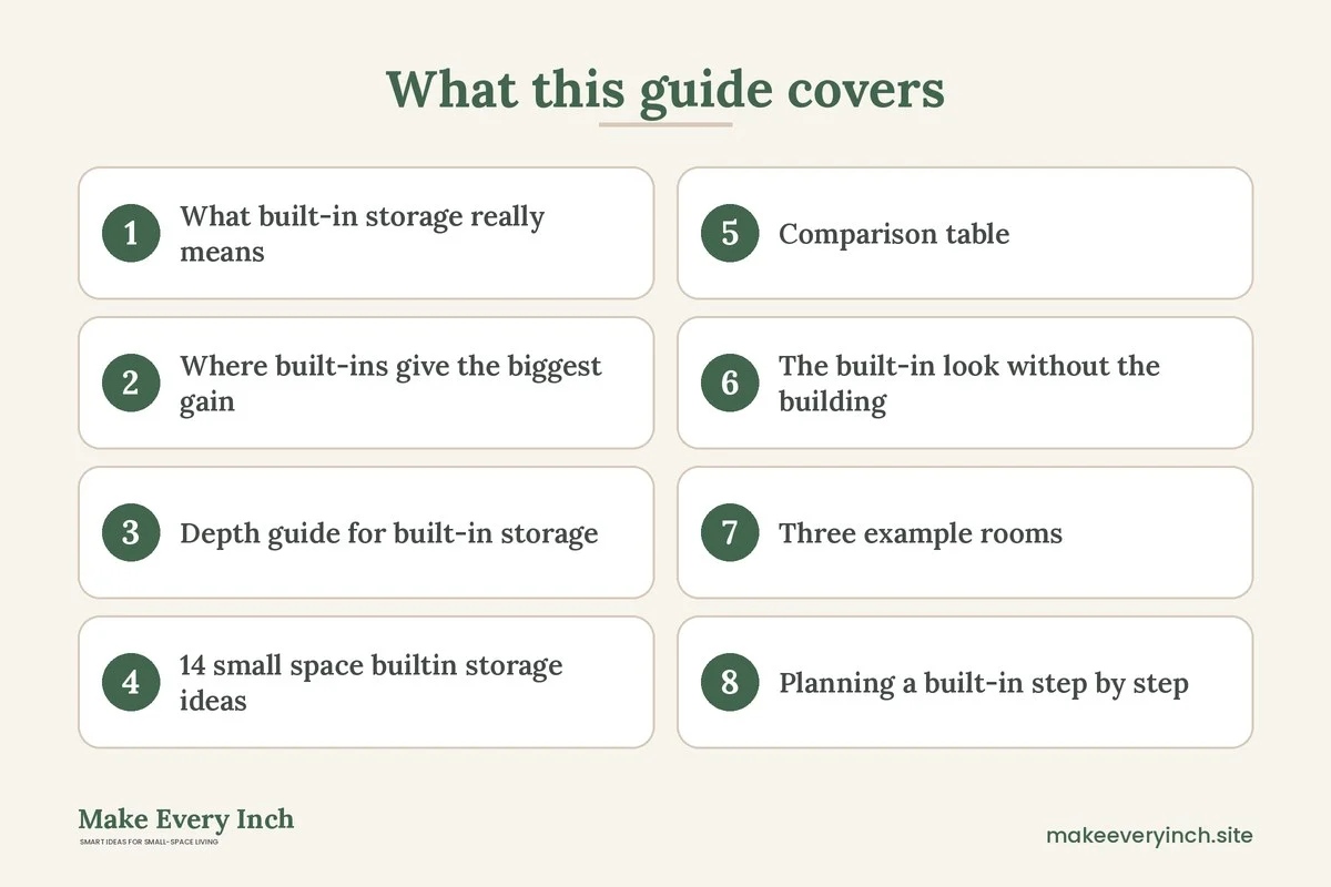 Graphic listing 8 topics covered in: 14 Small Space Ideas with Built-In Storage for Every Wall
