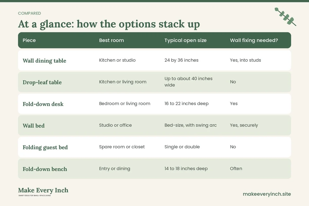 Comparison table of options for: Small Space Ideas with Fold-Down Furniture (Piece, Best room, Typical open size, Wall fixing needed?)