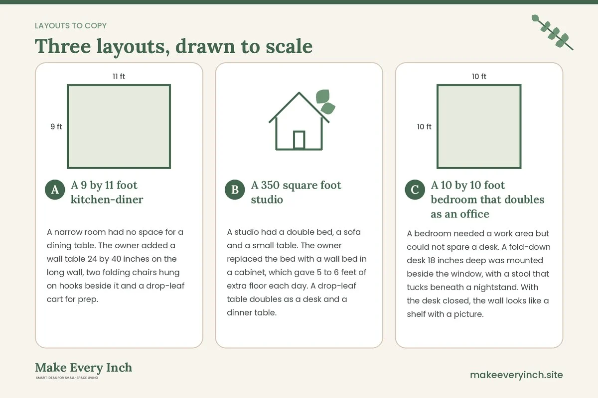 Three room layouts drawn to scale with dimensions and placement notes for: Small Space Ideas with Fold-Down Furniture