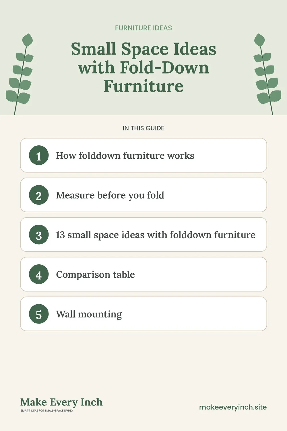 Pinterest pin listing the main topics in: Small Space Ideas with Fold-Down Furniture