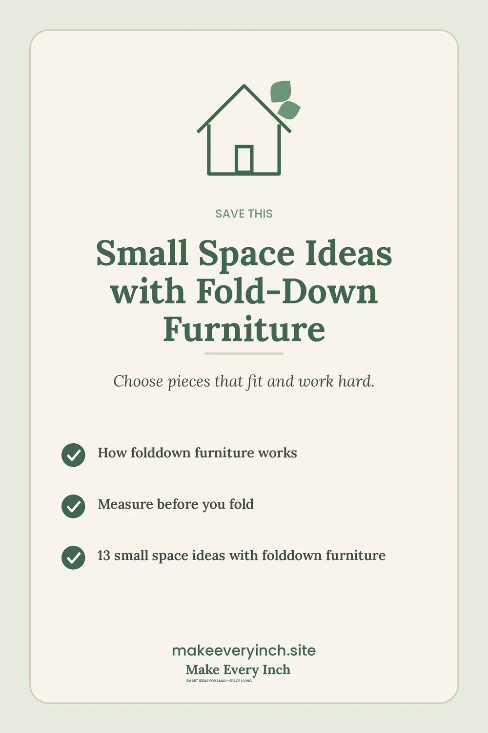 Save-this Pinterest pin with a short checklist for: Small Space Ideas with Fold-Down Furniture