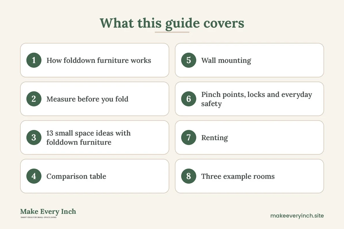 Graphic listing 8 topics covered in: Small Space Ideas with Fold-Down Furniture