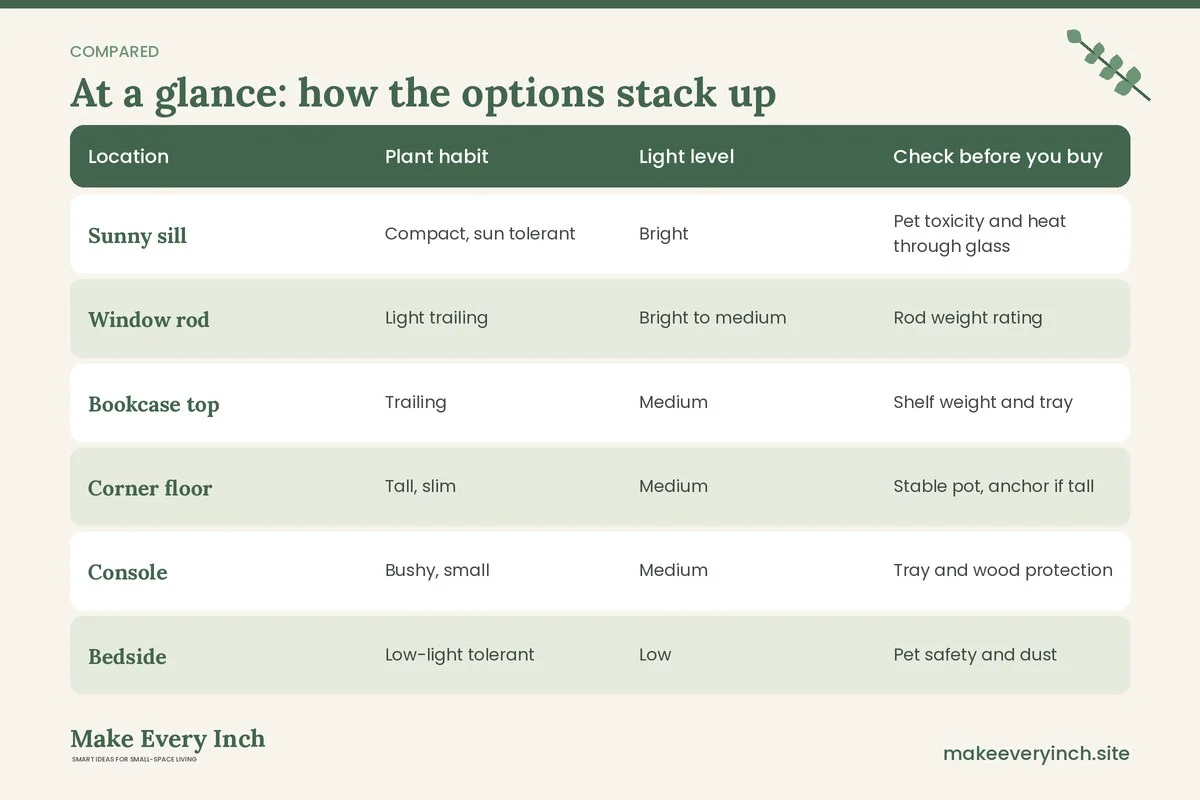 Comparison table of options for: 16 Small Space Plants and Planters Ideas for Tight Rooms (Location, Plant habit, Light level, Check before you buy)