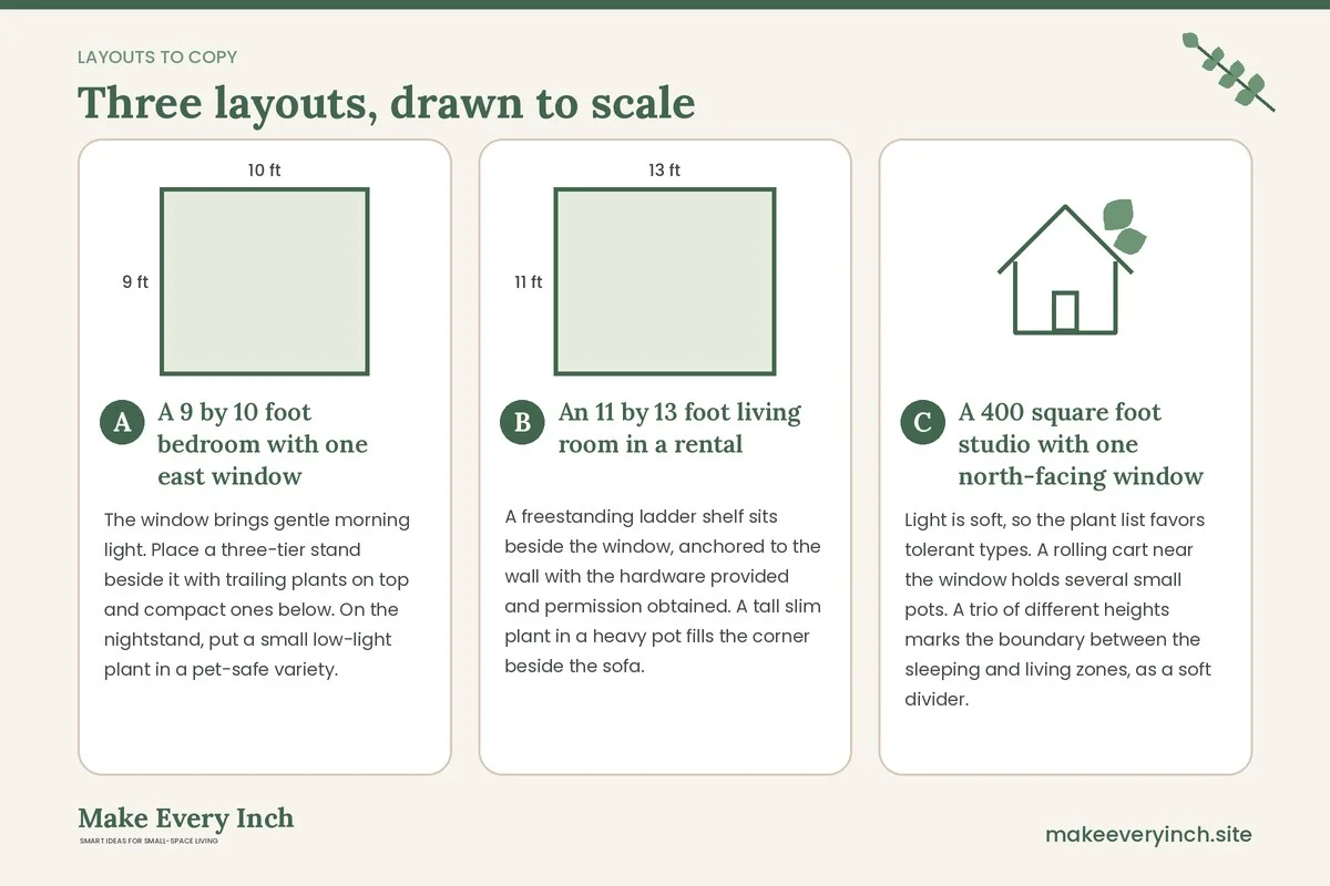 Three room layouts drawn to scale with dimensions and placement notes for: 16 Small Space Plants and Planters Ideas for Tight Rooms