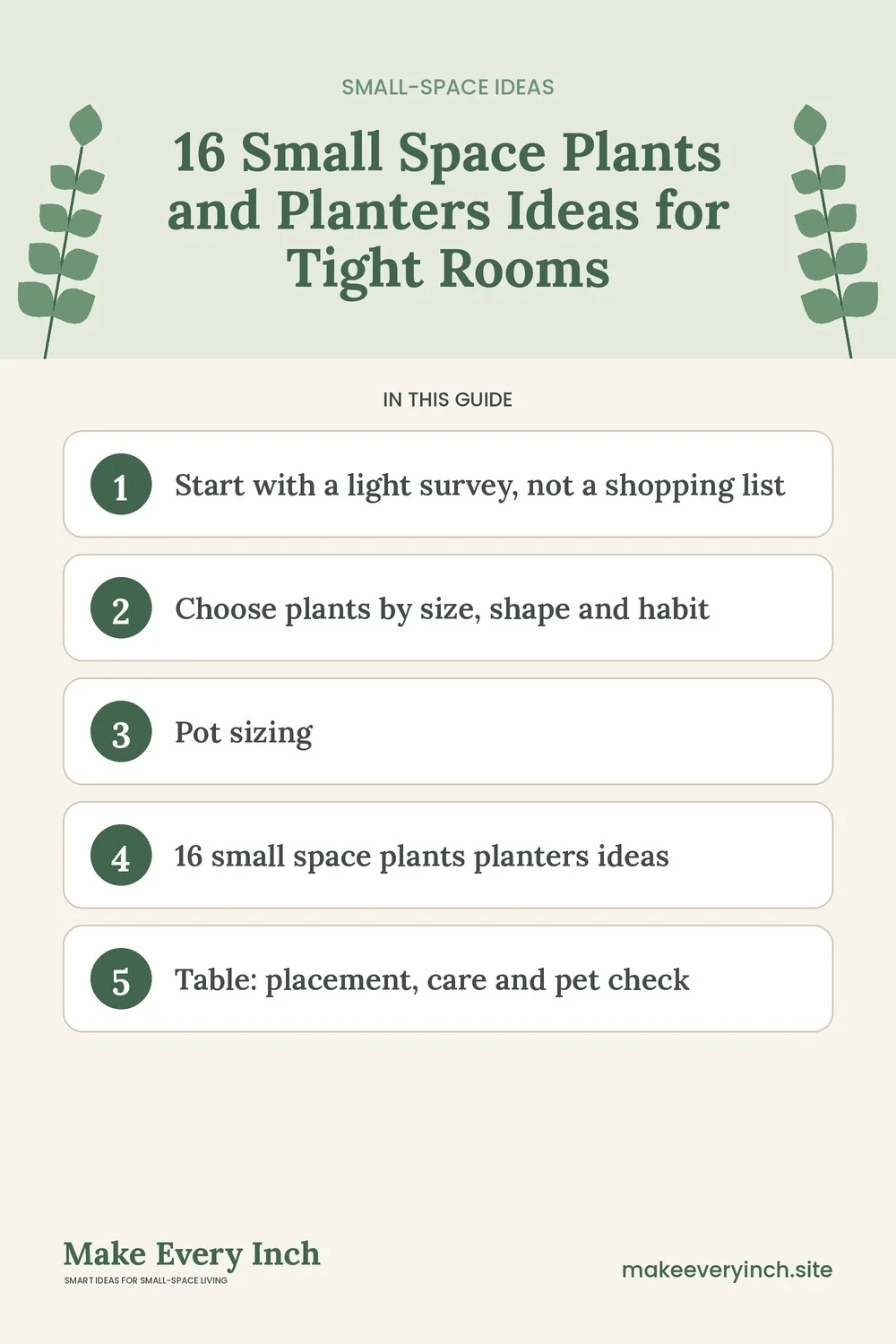 Pinterest pin listing the main topics in: 16 Small Space Plants and Planters Ideas for Tight Rooms