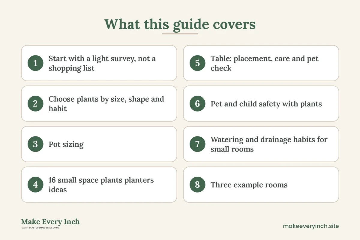 Graphic listing 8 topics covered in: 16 Small Space Plants and Planters Ideas for Tight Rooms