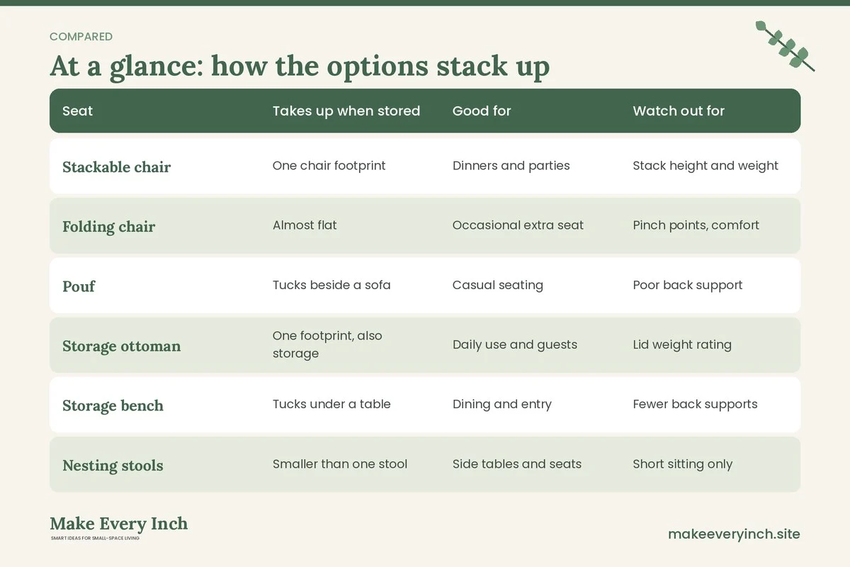 Comparison table of options for: Small Space Seating Ideas for Guests (Seat, Takes up when stored, Good for, Watch out for)