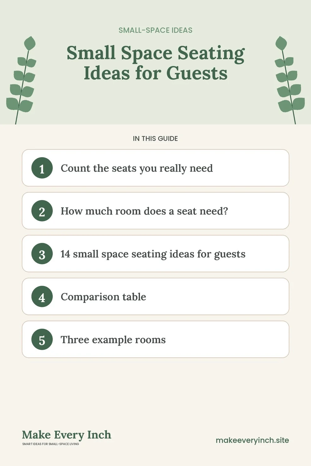 Pinterest pin listing the main topics in: Small Space Seating Ideas for Guests