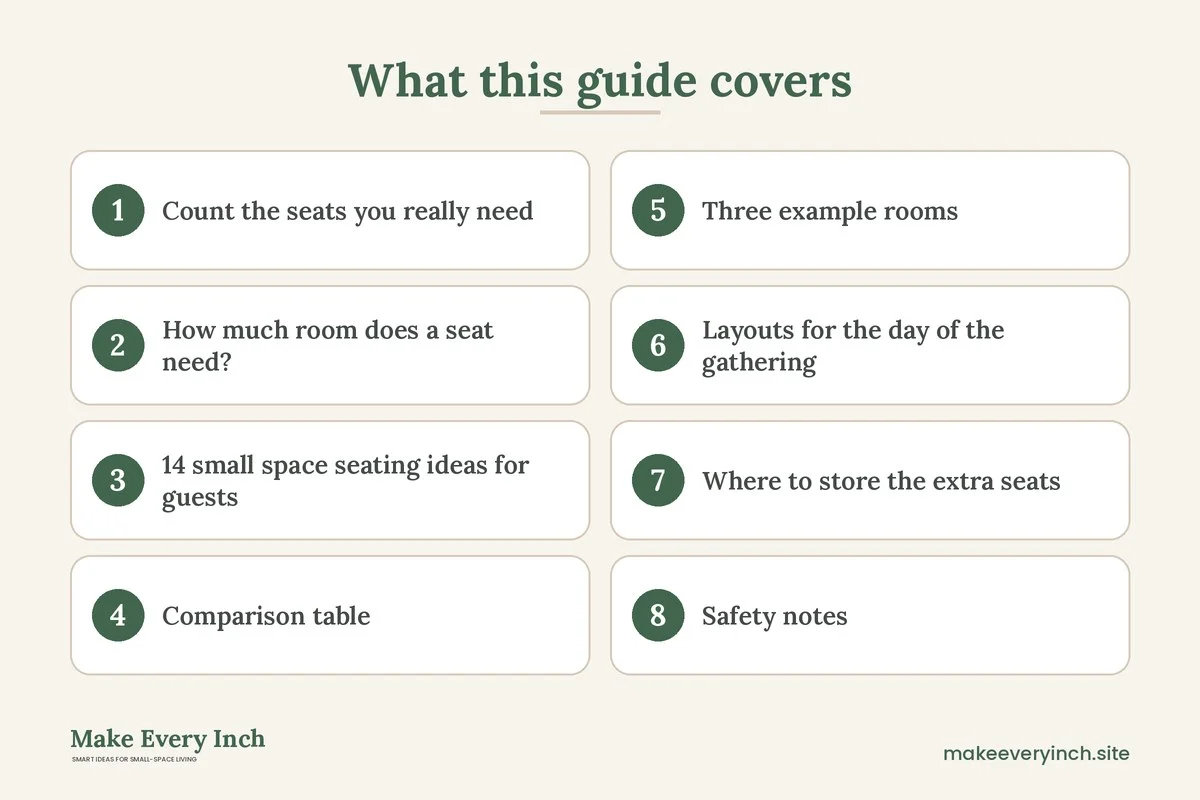 Graphic listing 8 topics covered in: Small Space Seating Ideas for Guests