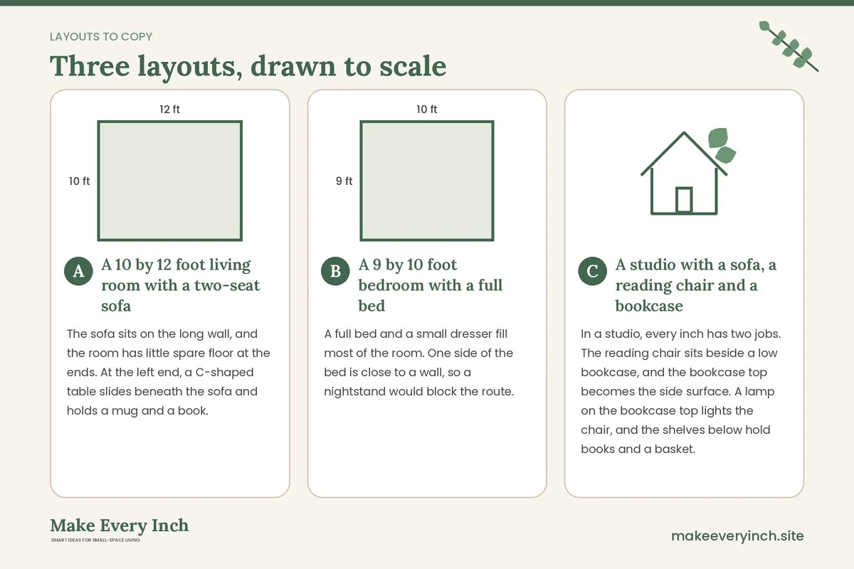 Three room layouts drawn to scale with dimensions and placement notes for: Small Space Side Table Alternatives