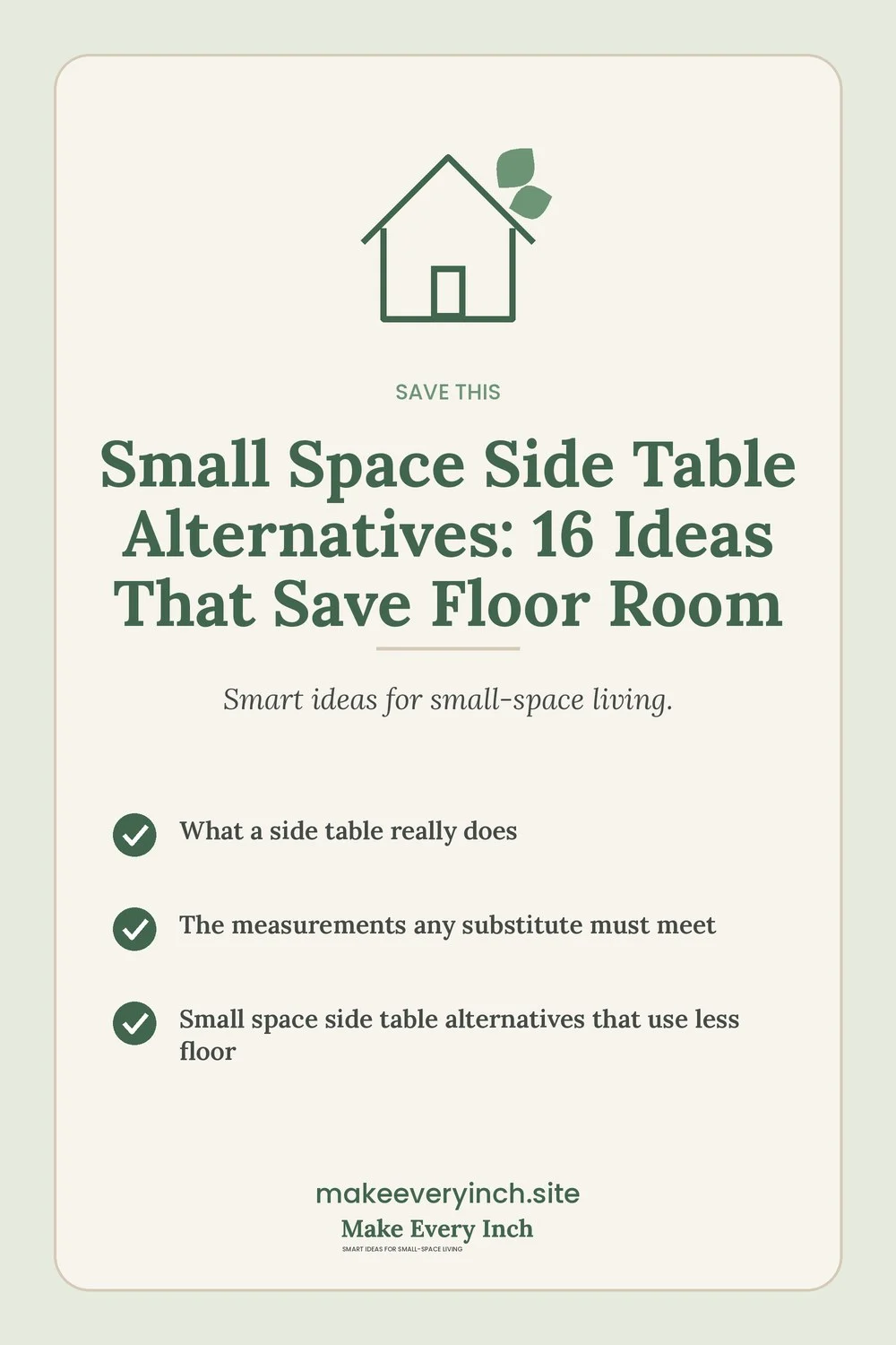 Save-this Pinterest pin with a short checklist for: Small Space Side Table Alternatives