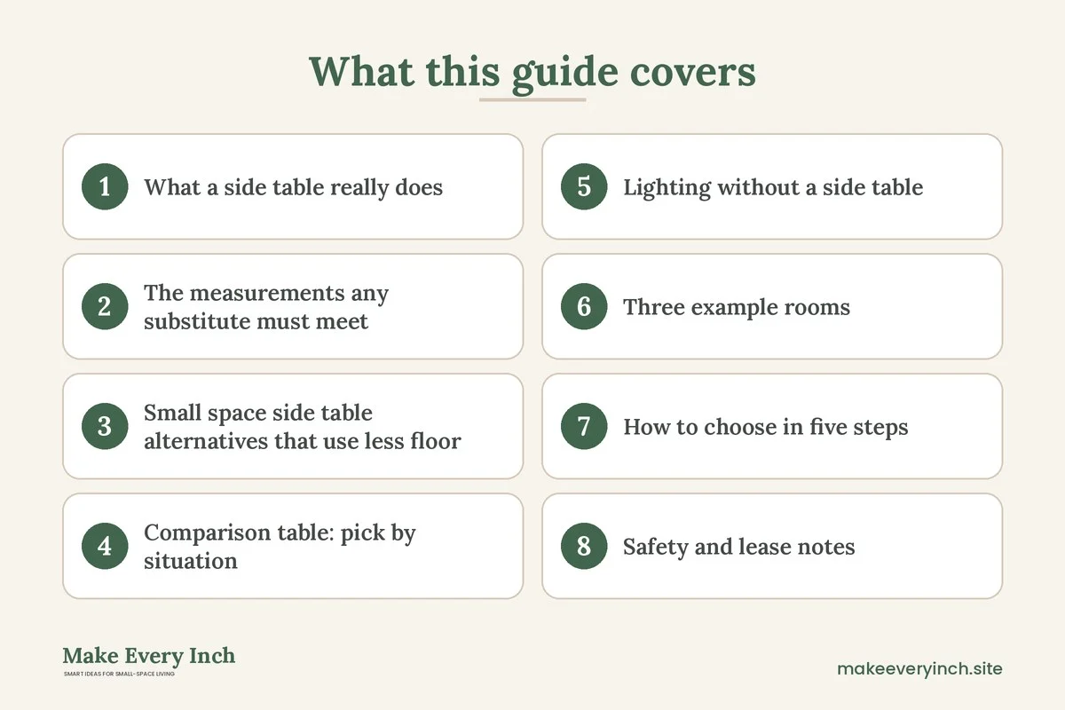 Graphic listing 8 topics covered in: Small Space Side Table Alternatives