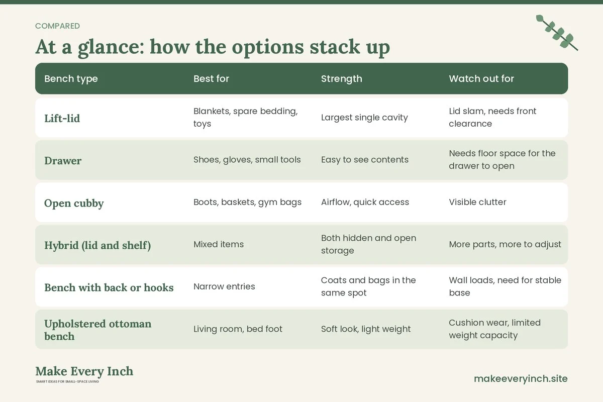 Comparison table of options for: 12 Small Space Storage Benches for Every Room (Bench type, Best for, Strength, Watch out for)