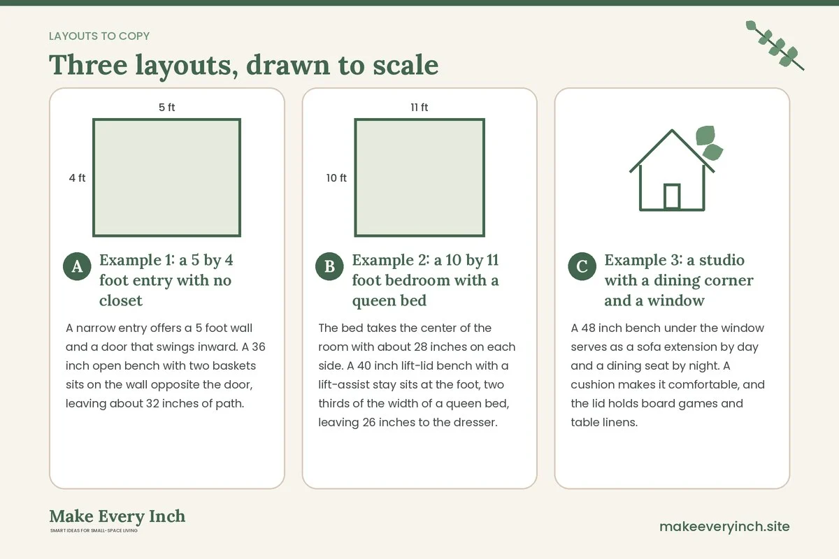 Three room layouts drawn to scale with dimensions and placement notes for: 12 Small Space Storage Benches for Every Room