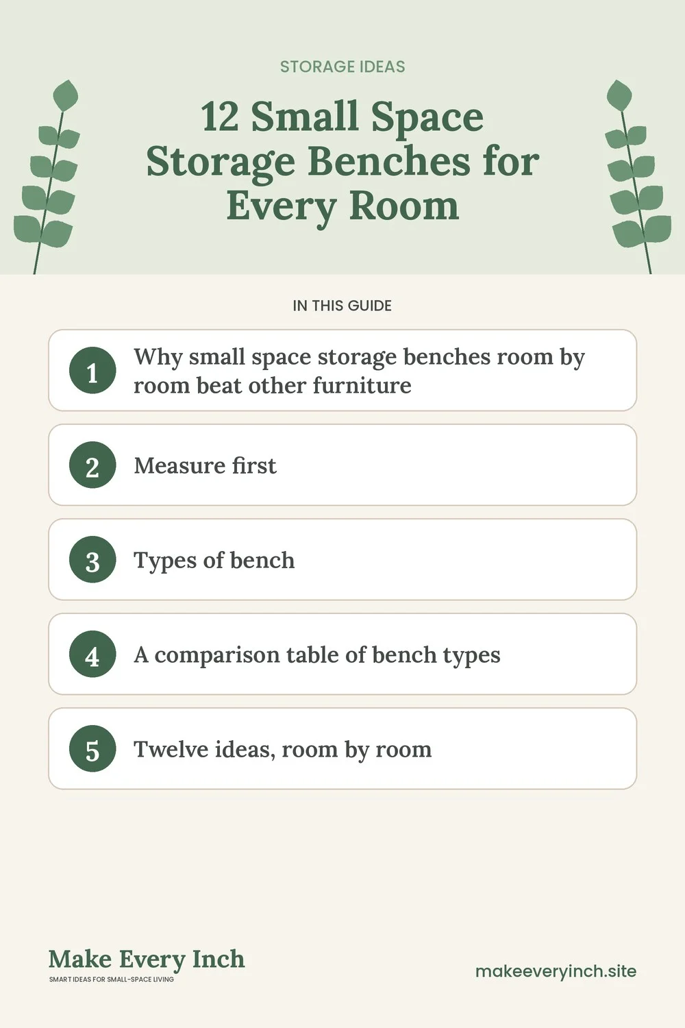 Pinterest pin listing the main topics in: 12 Small Space Storage Benches for Every Room