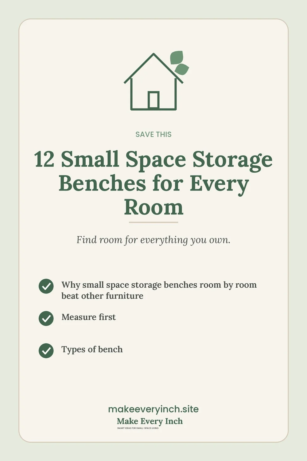 Save-this Pinterest pin with a short checklist for: 12 Small Space Storage Benches for Every Room