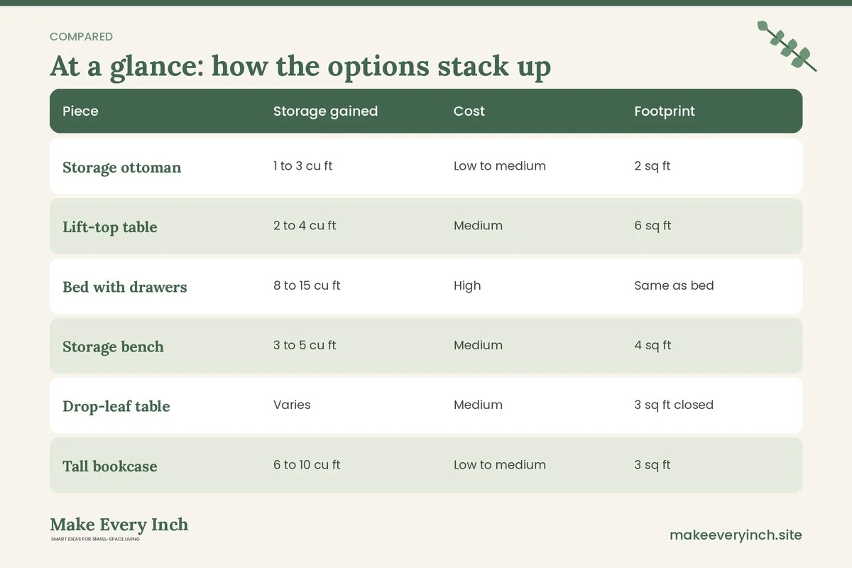 Comparison table of options for: 21 Small Space Storage Furniture Ideas That Work Twice as Hard (Piece, Storage gained, Cost, Footprint)