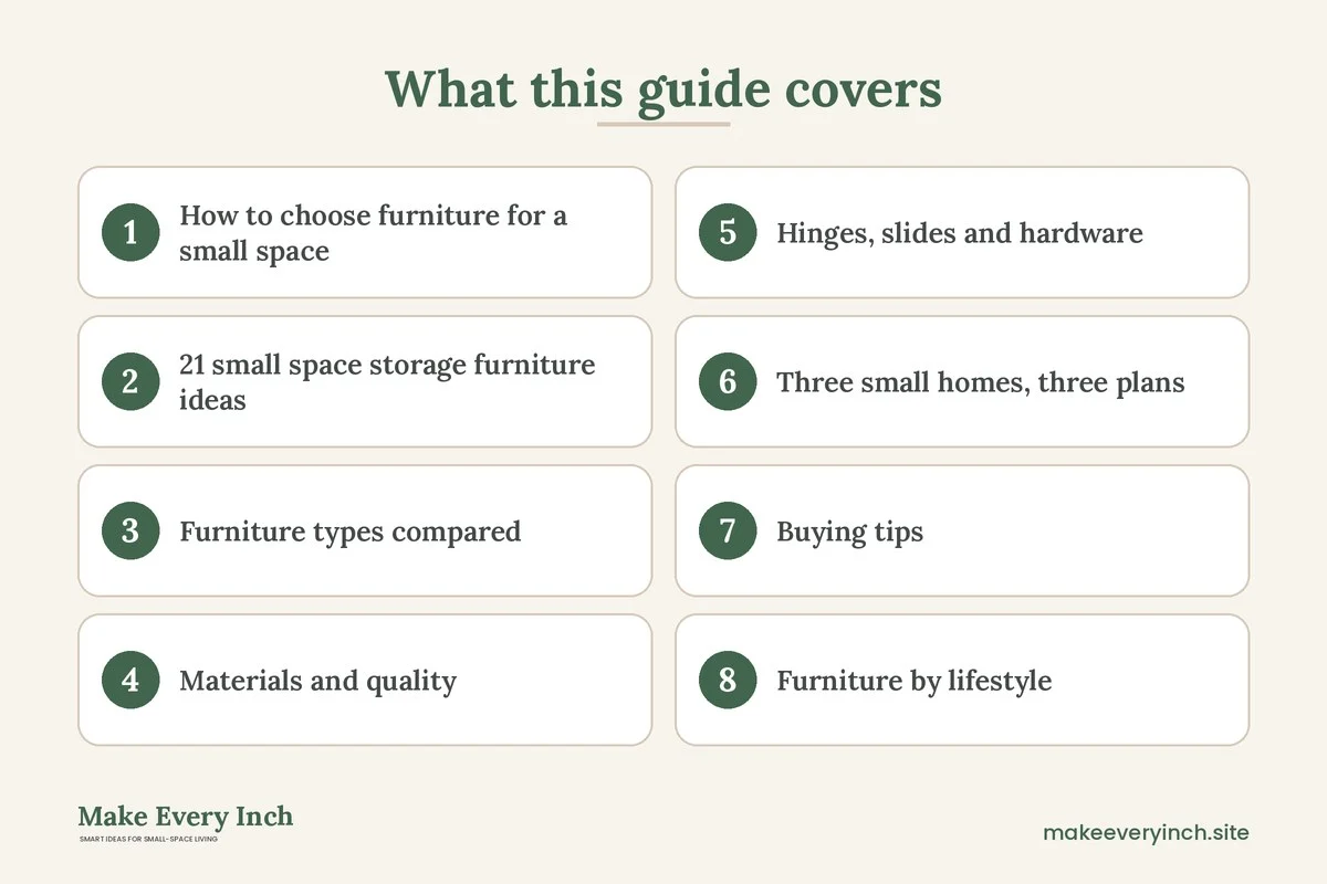 Graphic listing 8 topics covered in: 21 Small Space Storage Furniture Ideas That Work Twice as Hard