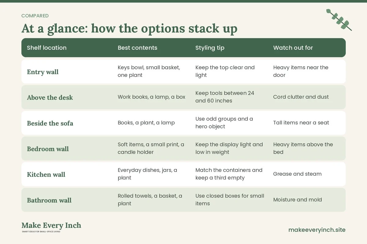 Comparison table of options for: 12 Small Space Styling Rules for Open Shelves (Shelf location, Best contents, Styling tip, Watch out for)