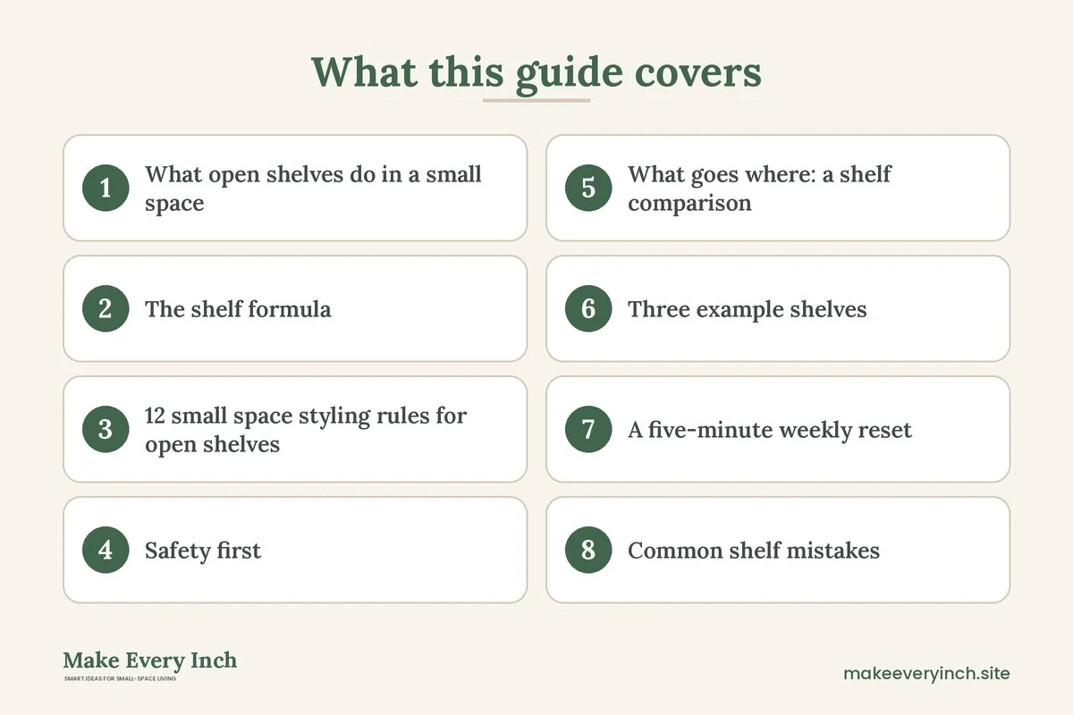 Graphic listing 8 topics covered in: 12 Small Space Styling Rules for Open Shelves