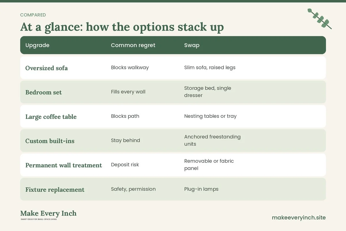 Comparison table of options for: 11 Small Space Upgrades Not Worth the Money (and Smarter Swaps) (Upgrade, Common regret, Swap, )