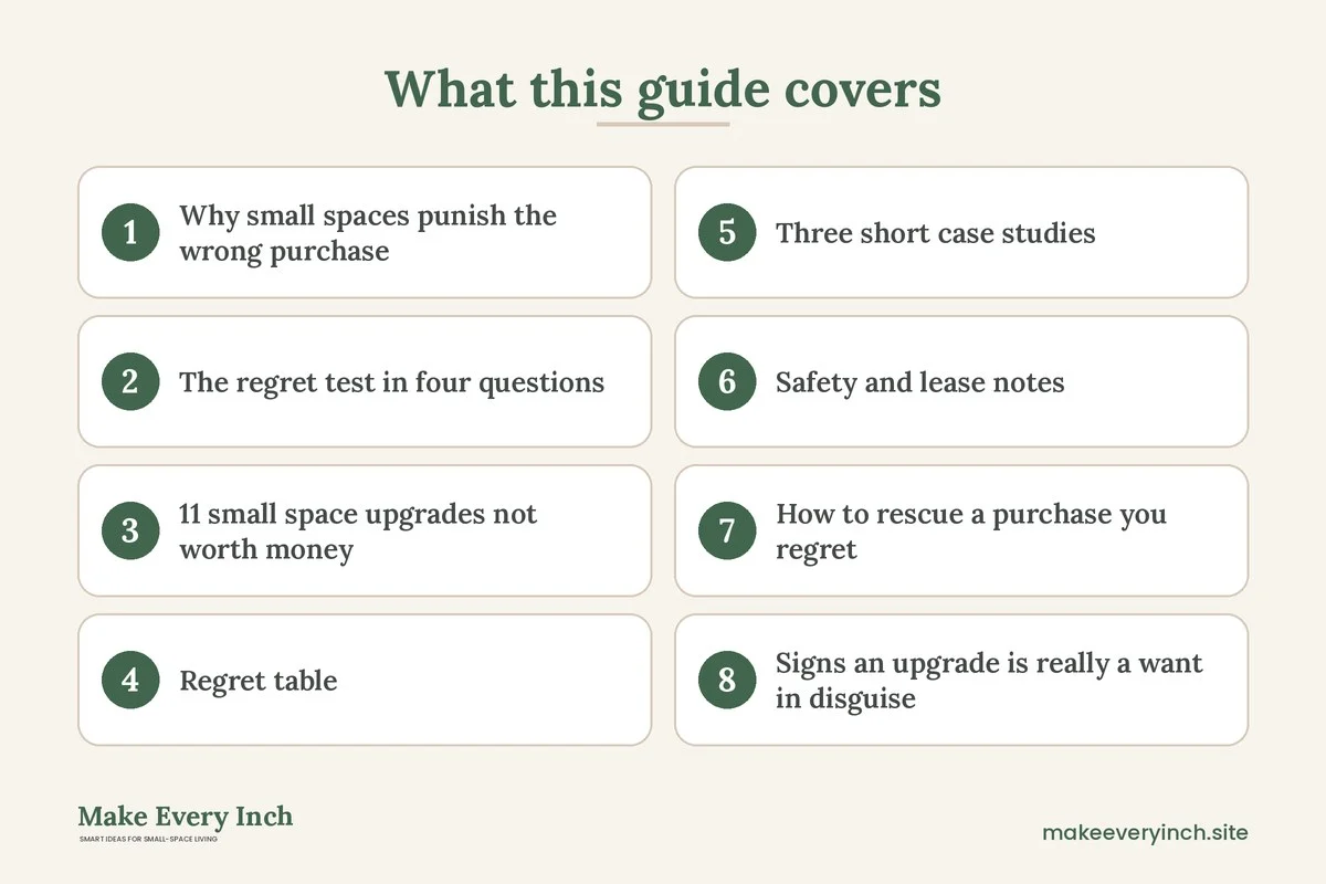 Graphic listing 8 topics covered in: 11 Small Space Upgrades Not Worth the Money (and Smarter Swaps)